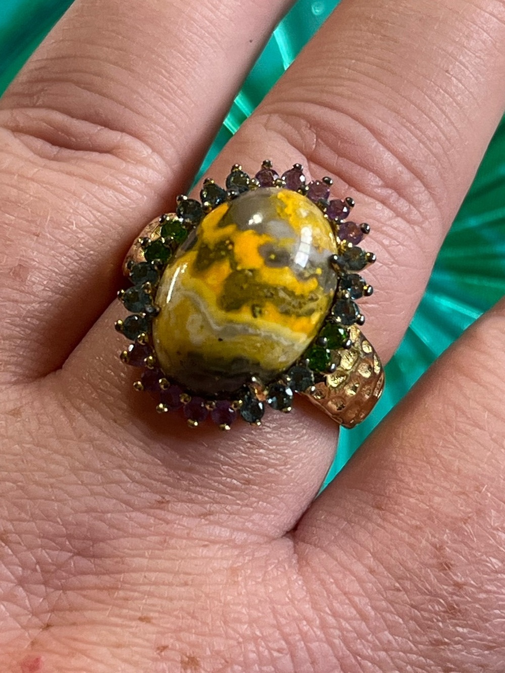 Vintage Sterling Silver 925 Gold Vermeil Bumble Bee Jasper Gemstone Ring Size 10